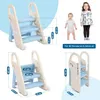 Collage of images showing a children's step stool with measurements and two children of different ages. Produktbild-Vorschau