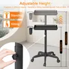A mobile hairdressing trolley with adjustable height, shown in two different height settings, with text overlays indicating its features and dimensions. Voir les images du produit
