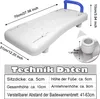 A white bath seat with a blue handle, showing dimensions and technical data. Náhled obrázku produktu