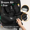 A close-up of a black car seat with a hand adjusting a strap, and inset images showing installation indicators. Produktbild-Vorschau