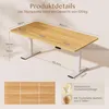 A standing desk with dimensions and features highlighted, shown with a wood-grain tabletop and white legs. Produktbild-Vorschau