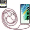 A pink phone case with a lanyard is displayed next to a Samsung Galaxy S21 FE phone. Produktbild-Vorschau