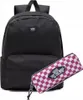 A black Vans backpack and a pink and white checkered pencil case are shown against a white background. Náhľad obrázku produktu