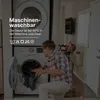 A man is loading laundry into a washing machine, with text overlays about machine washability. Náhled obrázku produktu