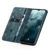 A teal flip-case wallet for a smartphone is shown open, displaying credit cards and a banknote inside, with the smartphone screen visible. Produktbild-Vorschau