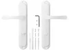A pair of white door handles and associated hardware are displayed against a white background. Produktbild-Vorschau