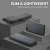 A product image showcasing a black leather phone case with multiple views, placed on grey geometric blocks against a grey background. Produktbild-Vorschau
