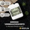 A white plastic container of Roxlin binder for pebbles is shown on a background of black and brown pebbles, with green plants. Text overlays provide usage instructions and product benefits. Produktbild-Vorschau