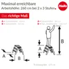 Diagrams and text illustrating the dimensions and maximum reachable working height of a step ladder. Náhľad obrázku produktu