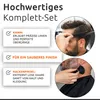 A marketing image showing a haircutting set with close-ups of a comb being used and a neck brush being applied. Produktbild-Vorschau