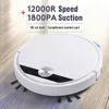A white robot vacuum cleaner is shown on a wooden floor, with text overlay highlighting its features. Produktbild-Vorschau