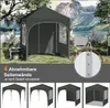 A dark gray pop-up tent set up outdoors with a scenic mountain and lake background. A generator is placed next to the tent. The bottom of the image shows four different configurations of the tent. Produktbild-Vorschau