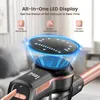 Close-up of a vacuum cleaner's handle and LED display, with marketing text and icons. Produktbild-Vorschau