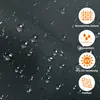 A close-up of dark gray fabric with water droplets, featuring marketing icons and text highlighting product features. Produktbild-Vorschau