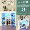 A collage of images showing a white high-gloss sideboard with LED lighting, displaying various items like coffee makers, bottles, and decorative objects. It also includes illustrative icons and text related to product presentation and storage. Anteprima dell’immagine prodotto
