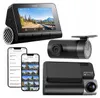 A collage of a dashcam, its rear camera, and smartphone app interface. Podgląd zdjęcia produktu