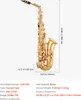 A golden saxophone is shown against a white background with dimensions and product specifications displayed. Náhľad obrázku produktu