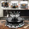 A collage of images showing a raclette and fondue set, with close-ups of food being cooked. Podgląd zdjęcia produktu