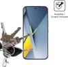 A smartphone screen protector is shown next to a set of keys, with a graphic indicating scratch resistance. Produktbild-Vorschau