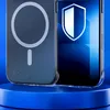 Two phone cases are displayed on a blue pedestal against a blue background. One case has a MagSafe ring and the other has a shield graphic. Náhled obrázku produktu