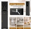 A collage of images showing a tall black cabinet, an anti-tip device, and three different room settings (bathroom, kitchen, living room) where the cabinet could be placed. Náhled obrázku produktu