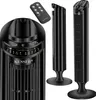 A collage showing different angles of a black tower fan, including a close-up of the control panel and a remote control. Produktbild-Vorschau