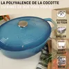 A blue oval Dutch oven is shown with text and icons highlighting its versatility. Produktbild-Vorschau