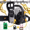 A chainsaw with oil and fuel bottles, illustrating its use and maintenance. Produktbild-Vorschau