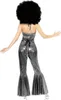 A person wearing a silver disco costume and a large afro wig, viewed from the back. Produktbild-Vorschau