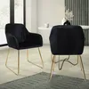 Two black velvet dining chairs with gold legs are shown in a dining room setting. Náhľad obrázku produktu