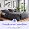 A bedroom scene with a bed made with dark gray bedding, plants, and artwork on the wall. Produktbild-Vorschau
