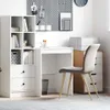 A white desk with a bookshelf and a chair in a home office setting. Produktbild-Vorschau