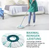 A person is cleaning a floor with a mop in a bedroom. A close-up of the mop head is shown below. Produktbild-Vorschau