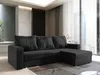 A black sectional sofa is shown in a modern living room setting with large windows in the background.