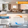 A split image showing a living room with an infrared heater panel and a comparison with a traditional heater. Produktbild-Vorschau