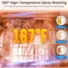Close-up view of water spraying inside a dishwasher, with text overlays highlighting temperature and cleaning effectiveness. Produktbild-Vorschau