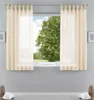 A window with cream-colored sheer curtains, showing a tree and sky outside. Produktbild-Vorschau