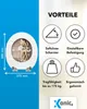 A marketing image showing a toilet seat with dimensions and feature icons. Produktbild-Vorschau