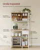 A kitchen shelf unit with various items displayed on its shelves, including a coffee maker, mugs, jars, and a mini-fridge. Text labels point out features of the unit. Produktbild-Vorschau