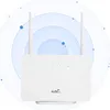 A white 4G/5G WiFi router with two antennas, presented against a white background with blue concentric circles and dots suggesting wireless connectivity. Náhled obrázku produktu