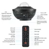 A galaxy projector and its remote control with labels pointing to different functions and buttons. Produktbild-Vorschau