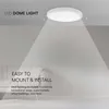 A white LED dome light is shown on a ceiling, casting a bright light downwards. Text overlays describe its features and applications. Náhled obrázku produktu