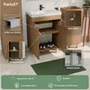 A bathroom vanity with a sink and storage, featuring close-ups of its components and descriptive text. Náhled obrázku produktu