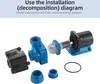 Disassembled parts of a water pump are laid out on a white background, with text above indicating it's an installation diagram. Podgląd zdjęcia produktu