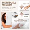 A collage of images showcasing a pillow and its features, with text overlays explaining its adjustability and filling. Produktbild-Vorschau