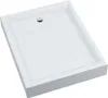 A white rectangular shower tray with a silver drain. Produktbild-Vorschau