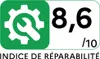 A green square with a white gear and wrench icon, next to the number 8.6 and /10, with the text "INDICE DE RÉPARABILITÉ" below. Voir les images du produit