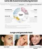 Marketing image explaining the composition of a skincare product and showing women with healthy skin. Voir les images du produit