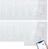 A collection of smart thermostats arranged in two rows, with one thermostat in the bottom right corner being held by a hand and displaying a smartphone interface. Produktbild-Vorschau