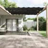 A backyard patio with a wooden deck, outdoor furniture, and a pergola with a black sunshade. Produktbild-Vorschau